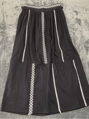 Lemlem Maxi Wrap Skirt Womens M Black with White Embroidered Stripes Boho Cotton